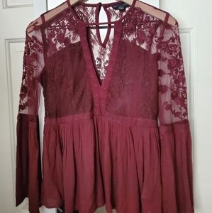Burgundy Lace peplum top with bell sleeves